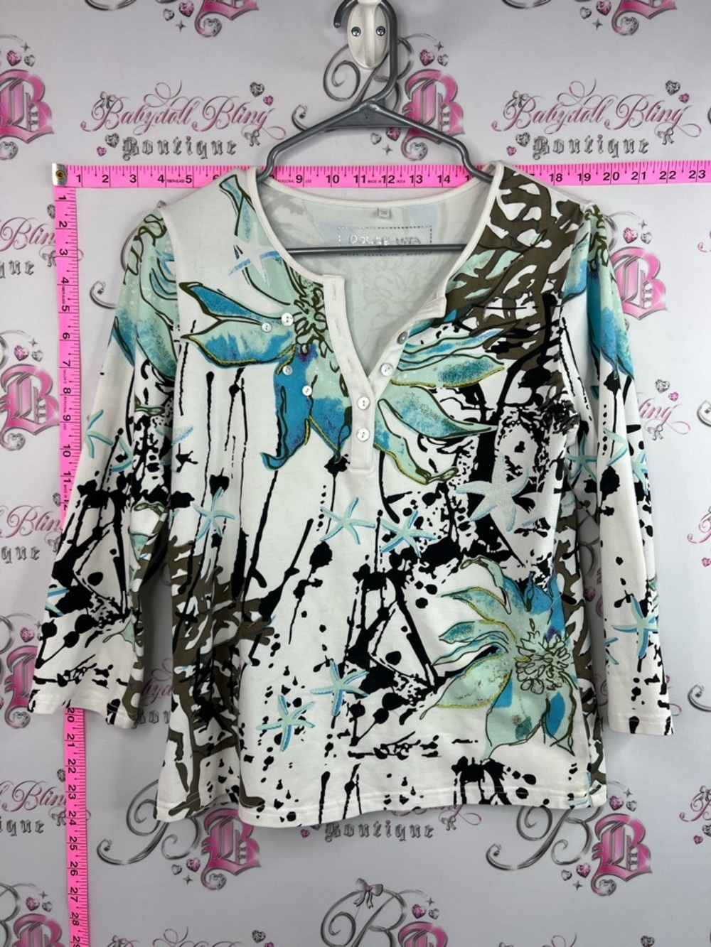 Dolce Vita shirt starfish White Floral Henley Top with Blue and Brown Accents